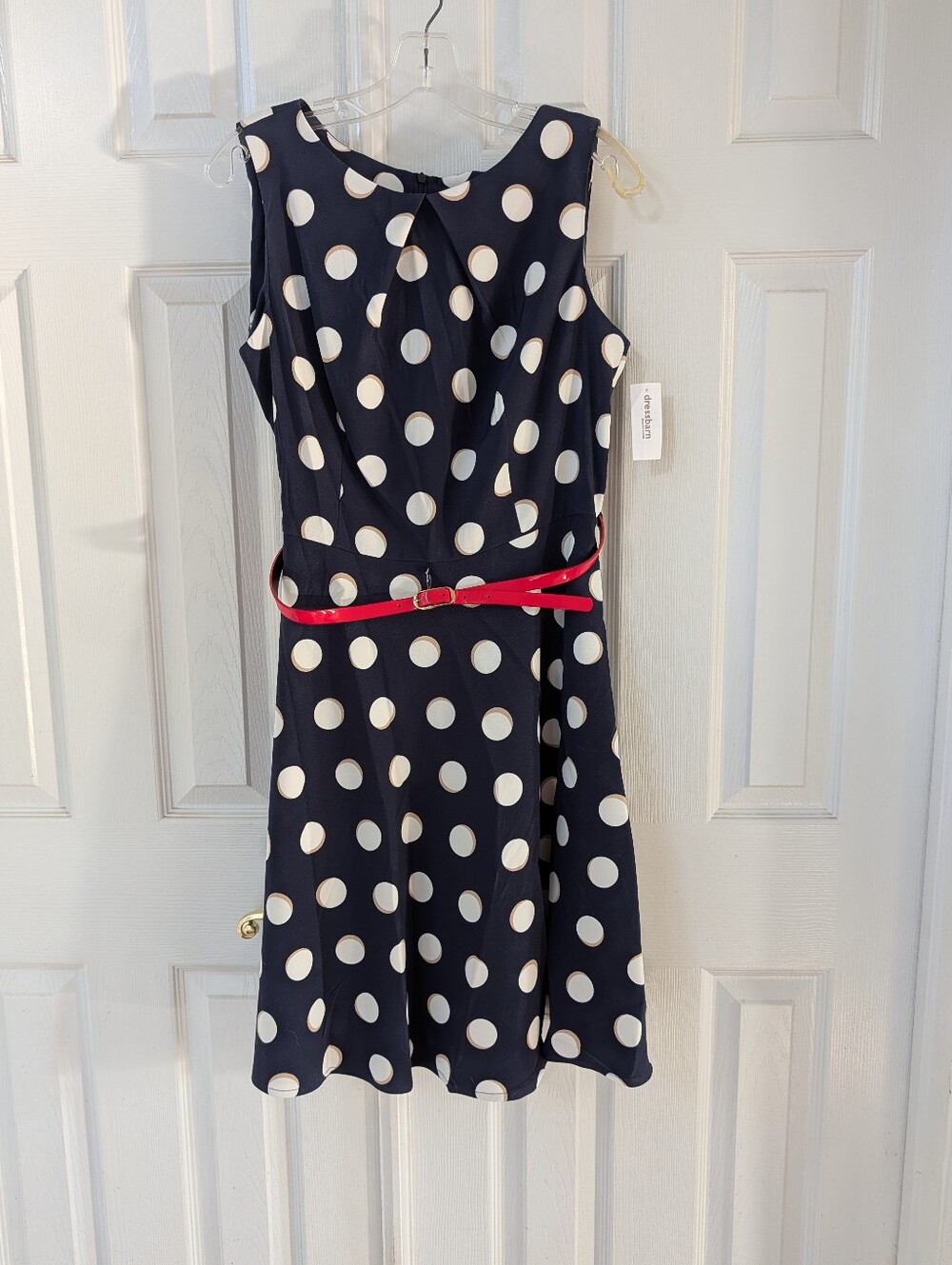 Dress Barn Navy and White Polka Dot Sleeveless Fit-and-Flare Dress with Red Belt